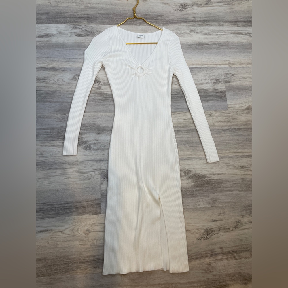 VTG Abercrombie and Fitch Keyhole Ribbed Long Slit V Neck Fitted Dress White M